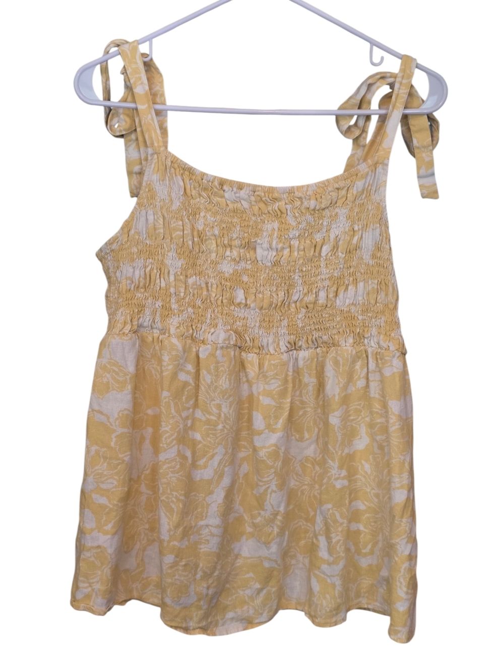 Isabel Yellow & White Floral Print Linen Blend Smocked Tie Strap Tank Top Sz XL